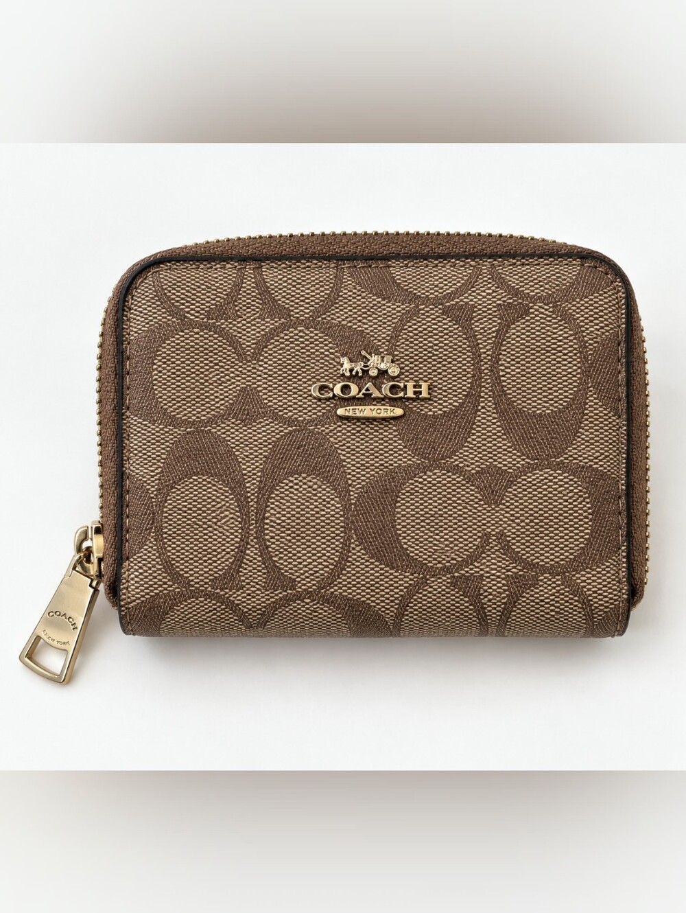 Coach Signature C Small Zip Around Card Case Wallet Khaki Brown Gold